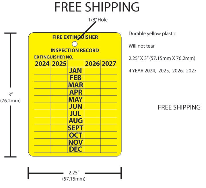 Qty 5 Yellow Plastic 4 year fire extinguisher tags 2024, 2025, 2026, 2027