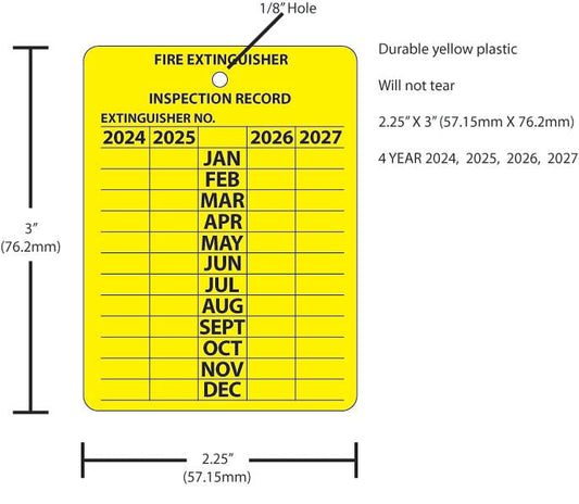 Qty 5 Yellow Plastic 4 year fire extinguisher tags 2024, 2025, 2026, 2027